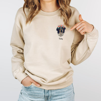 Custom Dog Face with Flower on Crewneck Sweatshirt, Personalized Pet Face Hand-painted Sweatshirt, Dog Mom Gift - petownlove