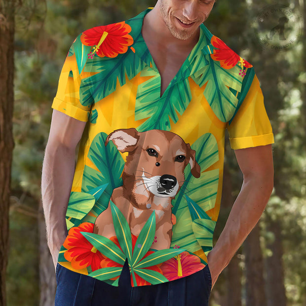 Custom Dog Hawaiian Shirt, Green and Yellow Hawaii Shirt with Hand-Painted Pet Face, Tropical Print Shirts - petownlove