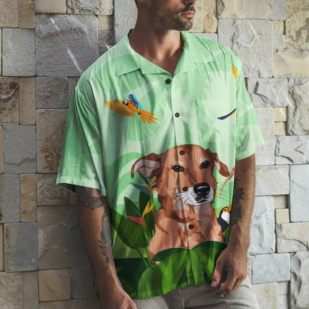 Custom Green Hawaiian Shirts with Dog Face Hand-Painted, Hawaiian Outfit for Couples, Personalized Gift for Pet Lover - petownlove