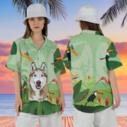 Custom Green Hawaiian Shirts with Dog Face Hand-Painted, Hawaiian Outfit for Couples, Personalized Gift for Pet Lover - petownlove