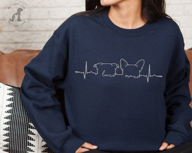 Unisex Cotton Custom Embroidered Dog Ears Heartbeat Outline Crewneck Sweatshirt - petownlove
